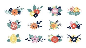 Collection of spring bouquets, petals and flowers. Vector illustration set