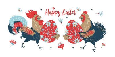 happy Easter. Colorful Easter banner with spring flowers and a cheerful rooster and a chicken with Easter eggs. vector