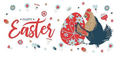 happy Easter. Colorful Easter banner with spring flowers and a cheerful chicken with an Easter egg. vector