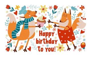 Happy Birthday. Vector illustration with cute loving foxes.