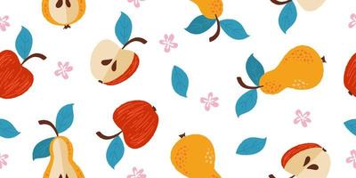 Seamless pattern with fruits. Red apples and yellow pears. On a white backgroun vector