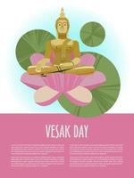 Vesak day banner with Gold Buddha and Lotus petals. Vector illustration.