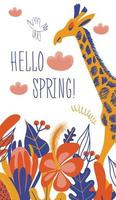 Giraffe and flowers. Hello spring. Vector illustration on a white background.