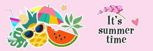 It's summer time. Vector bright colorful illustration. Horizontal banner.