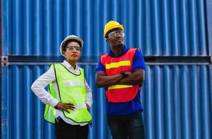 Cheerful female shipping company workers working at the harbor, Cheerful factory worker man smiling with arms crossed photo