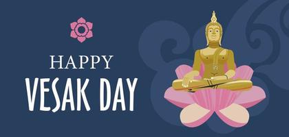 Vesak day banner with Gold Buddha and Lotus petals. Vector illustration.