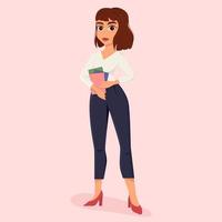 Business woman in office outfit. Business woman stands with documents in her hands. Office dresscode. Flat vector illustration.