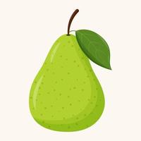 Whole green pear with green leaf isolated on white background. Flat vector illustration