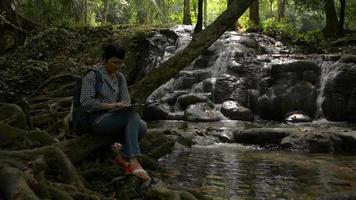 investigadora ecológica femenina que trabaja en una tableta digital mientras se sienta en la cascada en el bosque tropical. video