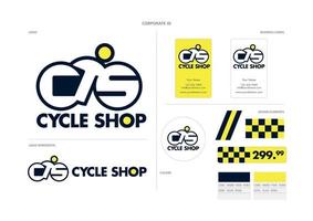identidad corporativa, logotipo, tarjeta de presentación y elementos y activos de diseño para una tienda de bicicletas minorista o un centro de reparación funky vector