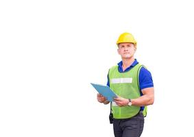 Factory worker with clipping path on white background, Engineer man in hardhat holding clipboard checklist smiling and looking to the sky photo