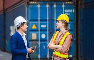 Happiness engineer and worker team at cargo containers, Logistic and teamwork concept photo