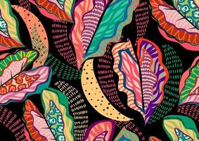 patrón de una obra de arte tropical, con elementos multicolores dibujados a mano con fondo oscuro, perfecto para textiles y decoración vector