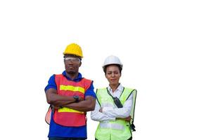 Cheerful female shipping company workers with clipping path, Cheerful factory worker man with clipping path smiling with arms crossed on white background photo