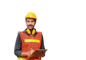 Factory worker man in hard hat holding clipboard checklist with clipping path on white background photo