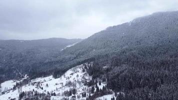 Aerial drone view of beautiful winter scenery in the mountains with pine trees covered with snow. Dark skies and snow falling. Small village below the mountain. Cinematic shot. Winter traveling.