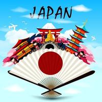 Japan travel in Japanese upon the fan on skyline backgroundJapan travel in Japanese upon the fan on skyline background vector