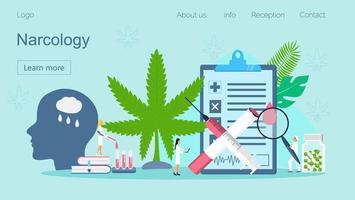 Narcology concept vector for landing page. Tiny narcologist doctors treat human against drug, tobacco addiction. Psychiatrists helps patient, mental health