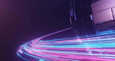 rendu 3d boucle parfaite sentier de lumière néon rose et bleu et planète métallique rotative. concept graphique de mouvement cyberpunk futuriste. video