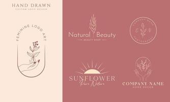 logotipo dibujado a mano con elementos florales botánicos con flores silvestres y hojas. logo para spa y salón de belleza, boutique, tienda orgánica, boda, diseñador floral, interior, fotografía, cosmética. vector