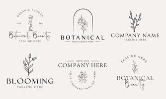 logotipo dibujado a mano con elementos florales botánicos con flores silvestres y hojas. logo para spa y salón de belleza, boutique, tienda orgánica, boda, diseñador floral, interior, fotografía, cosmética. vector