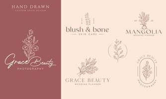 logotipo dibujado a mano con elementos florales botánicos con flores silvestres y hojas. logo para spa y salón de belleza, boutique, tienda orgánica, boda, diseñador floral, interior, fotografía, cosmética. vector