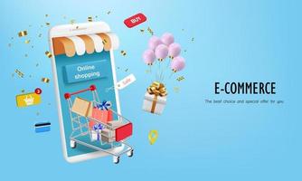 Shopping cart with gift and confetti for online shop vector