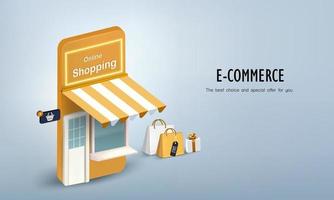 Shop on mobile with gift box and bag for online shopping vector