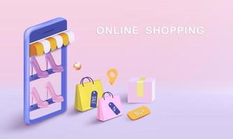 bolsa de compras con caja y zapatos para compras en línea vector