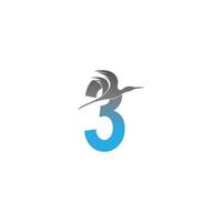 Number 3 logo with pelican bird icon design vector