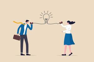 Communicate idea, advice or solution, good communication skill for business success, brainstorm or discuss in meeting concept, smart businessman talk to colleague on phone line with lightbulb symbol. vector