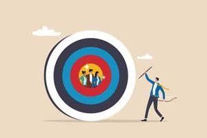 Target customer or target audience to aim for advertising, selected group to optimize ads or HR choose focused candidates concept, businessman marketer archer aim for customers in bullseye target. vector