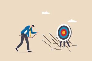 Failure missed all business target, loser mistake or error, unsuccessful, despair or disappointment from losing opportunity concept, frustrated businessman archery disappoint on his off target arrows. vector