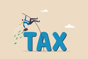 Overcome tax problem, expert advice for taxation or financial challenge concept, confidence businessman holding money briefcase pole vault jump over the word TAX. vector