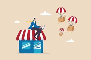 Dropshipping business model by open e-commerce website store and let supplier ship product directly to customer concept, businessman using computer with delivery drop ship package flying parachute. vector