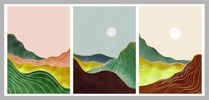 Conjunto de ilustraciones creativas minimalistas pintadas a mano de mediados de siglo moderno. Fondo de paisaje abstracto natural. montaña, bosque, mar, cielo, sol y río vector