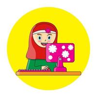 lindo, musulmán, niña, y, computadora, ilustraciones, vector