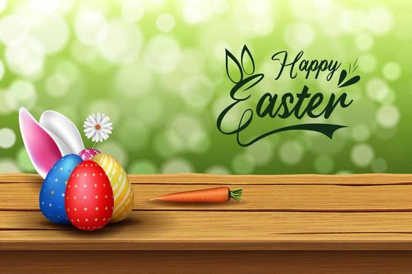 happy easter creative vector illustration with wooden table and nature background