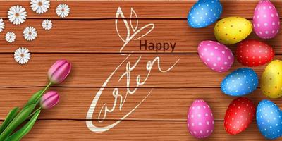 happy easter day banner easter eggs on wooden table vector