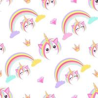 Seamless pattern with cute magical unicorns in the sky with colorful clouds and rainbows. vector