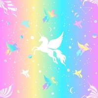 Seamless pattern of winged unicorns flying among the stars and planets. Silhouette of a flying unicorn on the rainbow starry sky.