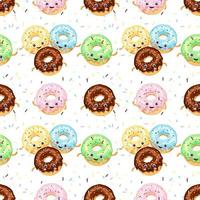 Seamless pattern of multicolored funny donuts with eyes in sugar glaze and chocolate. Vector illustration isolated on white background.