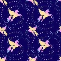 Winged unicorn and stars seamless pattern. Silhouette of a flying unicorn on the starry sky. Rainbow silhouette on a dark background. vector