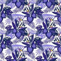 Seamless patterns with tropical exotic leaves and flowers. Vector image.