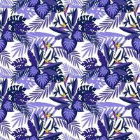 Seamless patterns with tropical exotic leaves and flowers. Vector image.