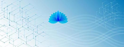 Blue Medical Banner Background With Molecular And Wavy Patterns And A Lotus Flower vector