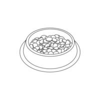 Bowl of food for feed dog and cat pet in doodle style, vector illustration. Animal bowl outline for print and design. Isolated black element on a white background. Graphic icon, snack pet symbol