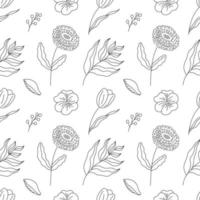 Hand drawn seamless pattern flowers and branches in an elegant style. Vector illustration, isolated black elements on a white background