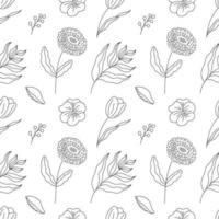 Hand drawn seamless pattern flowers and branches in an elegant style. Vector illustration, isolated black elements on a white background