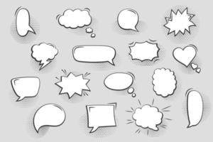 Geometric speech bubbles in cartoon style. Abstract shape creative frames for advertising text. Set element blank copy space. Vector illustration, white elements on grey background